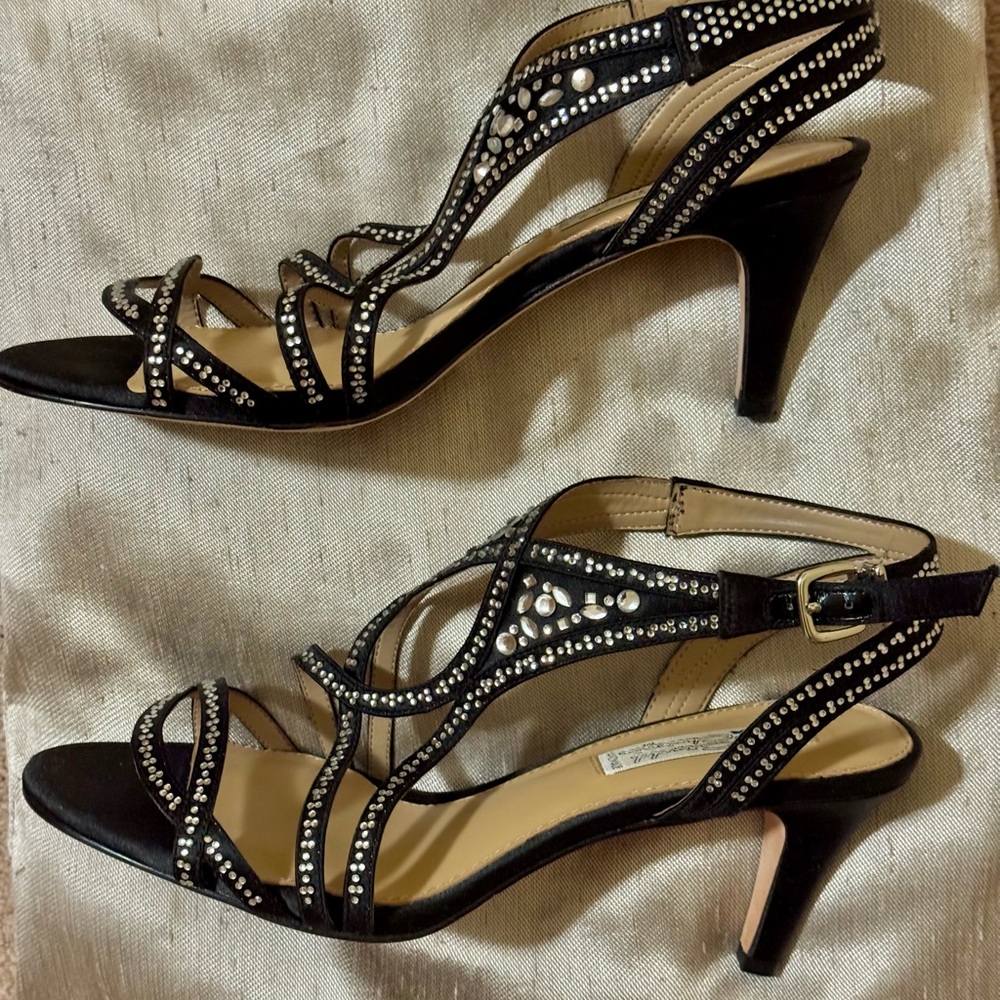 Elegant Black Strappy Heels with Rhinestone Accents, Arnold Churgin, size 9